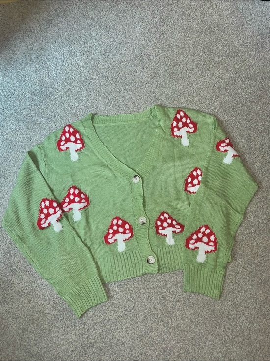 Cider Sweaters - Green Knit Button Front Cardigan Sweater w/ Red Mushrooms Cottagecore, Women’s M